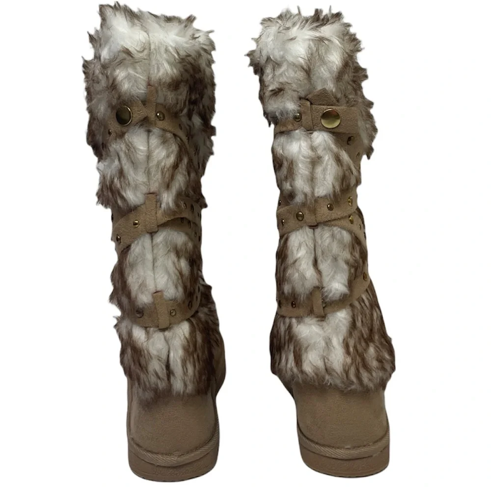 Fur Boots Tall Knee High Winter Snow Boots Neutral Beige Taupe Womens Size 10